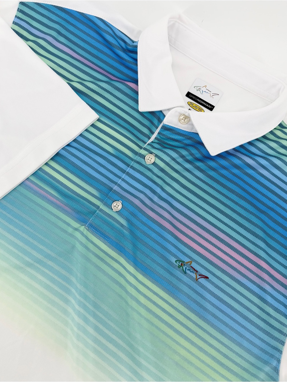 Greg Norman Play Dry Golf Polo Shirt Mens XL White Blue Ombre Stripe Short Slv